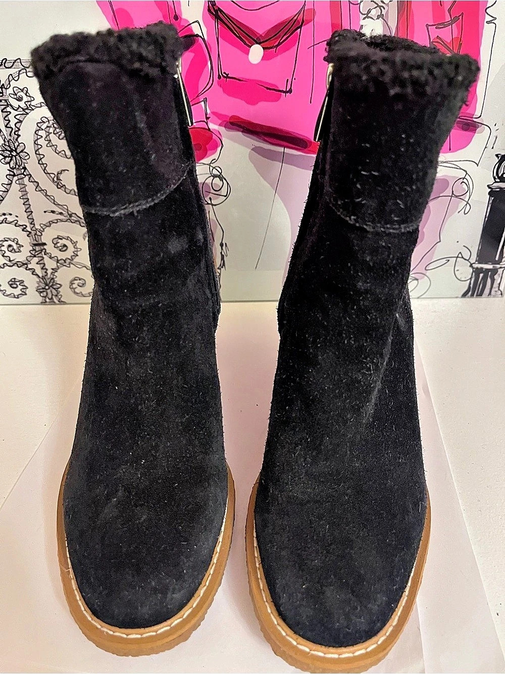 Franco Sarto Ulayna Black Suede Wedge Ankle Boots Women's Size 6 Shearling Lined